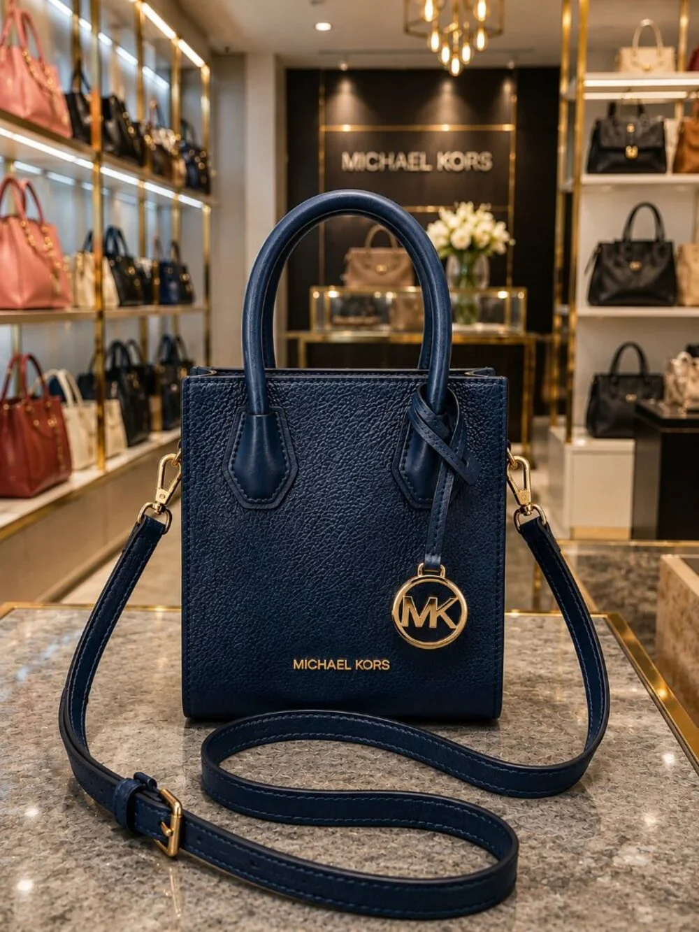 MICHAEL KORS Navy Pebbled Leather Mini Crossbody Satchel Tote Bag Gold Hardware